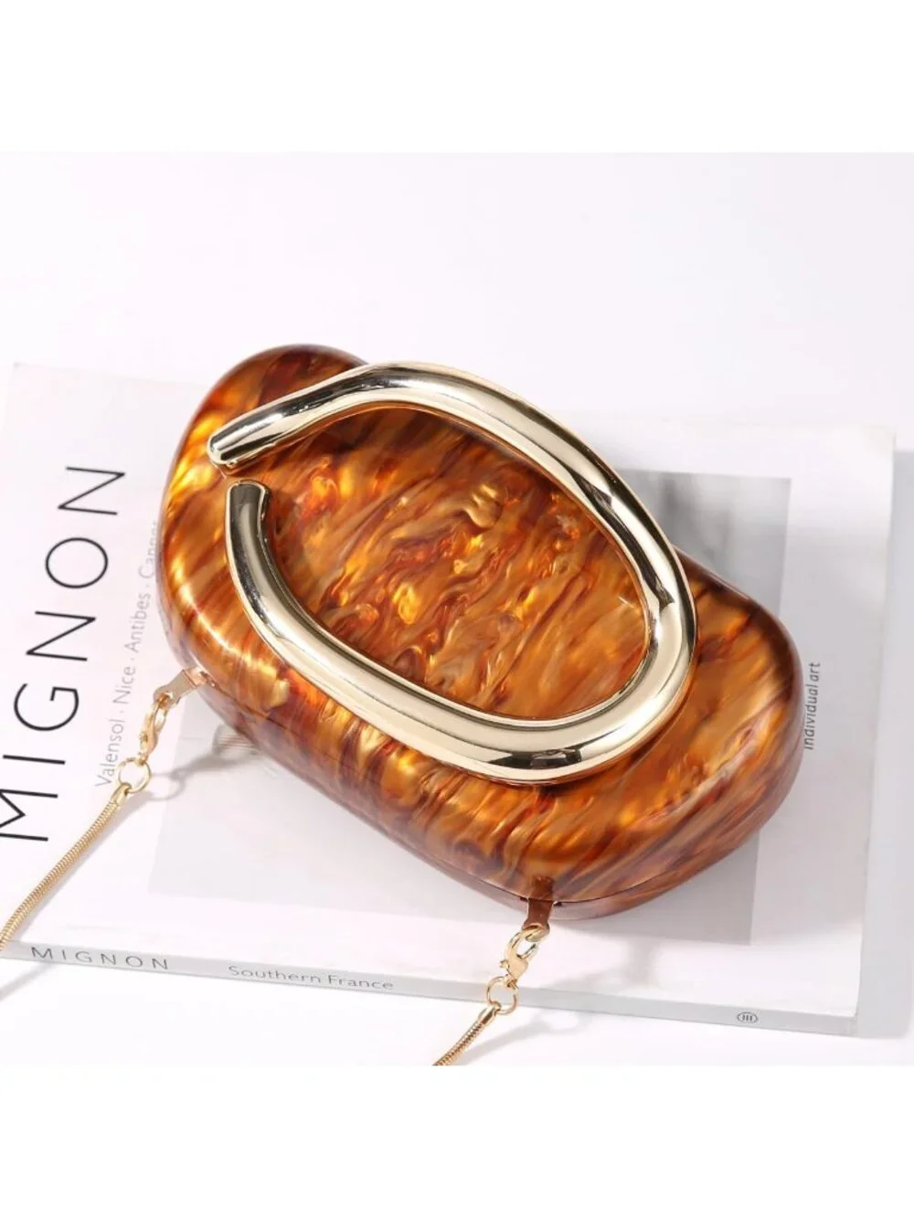 👜Women's Coffee Marble Art Deco Clutch Gold-Tone Handle Evening Party Purse Bag